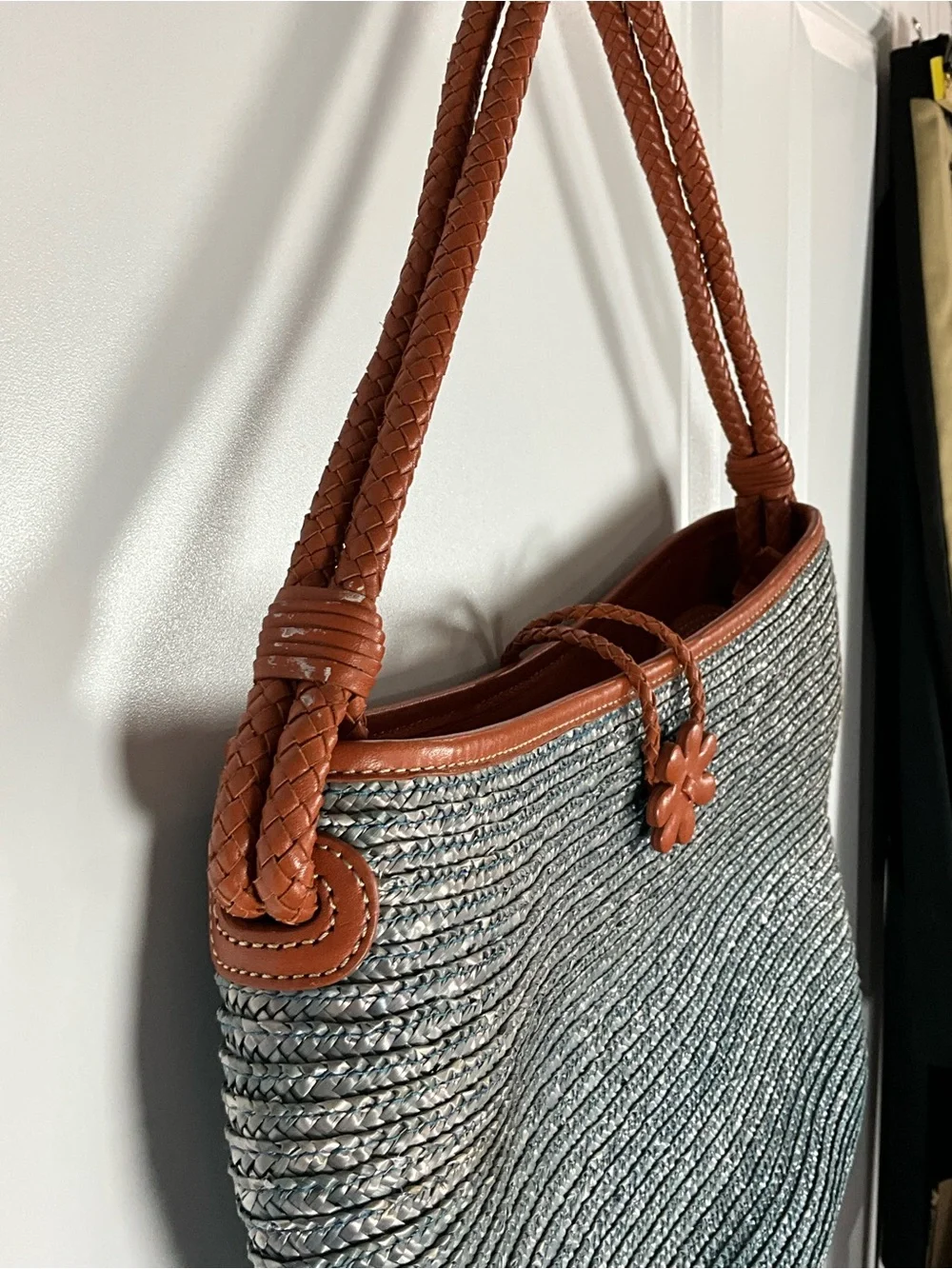 Cole Haan Blue/Gray Woven Straw Raffia Shoulder Bag with Brown Trim